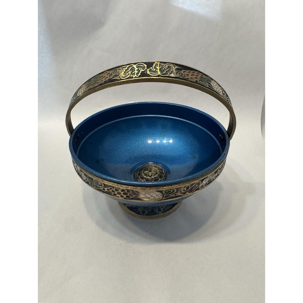 Vintage Israeli Hand Painted Brass Metal Enamel Bowl w Handle Made in Israel